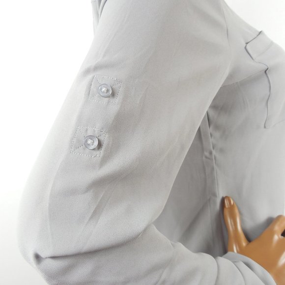 EXPRESS Top M Portofino Button Down Blouse Gray Mist Roll Tab Long Sleeves - Picture 7 of 10